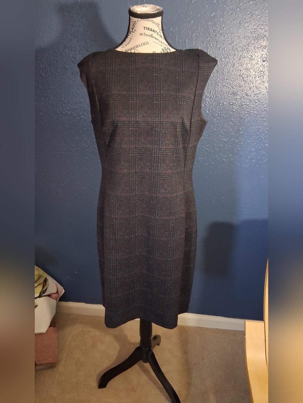 Chaps Dark Gray Plaid Midi Sheath Dress Large